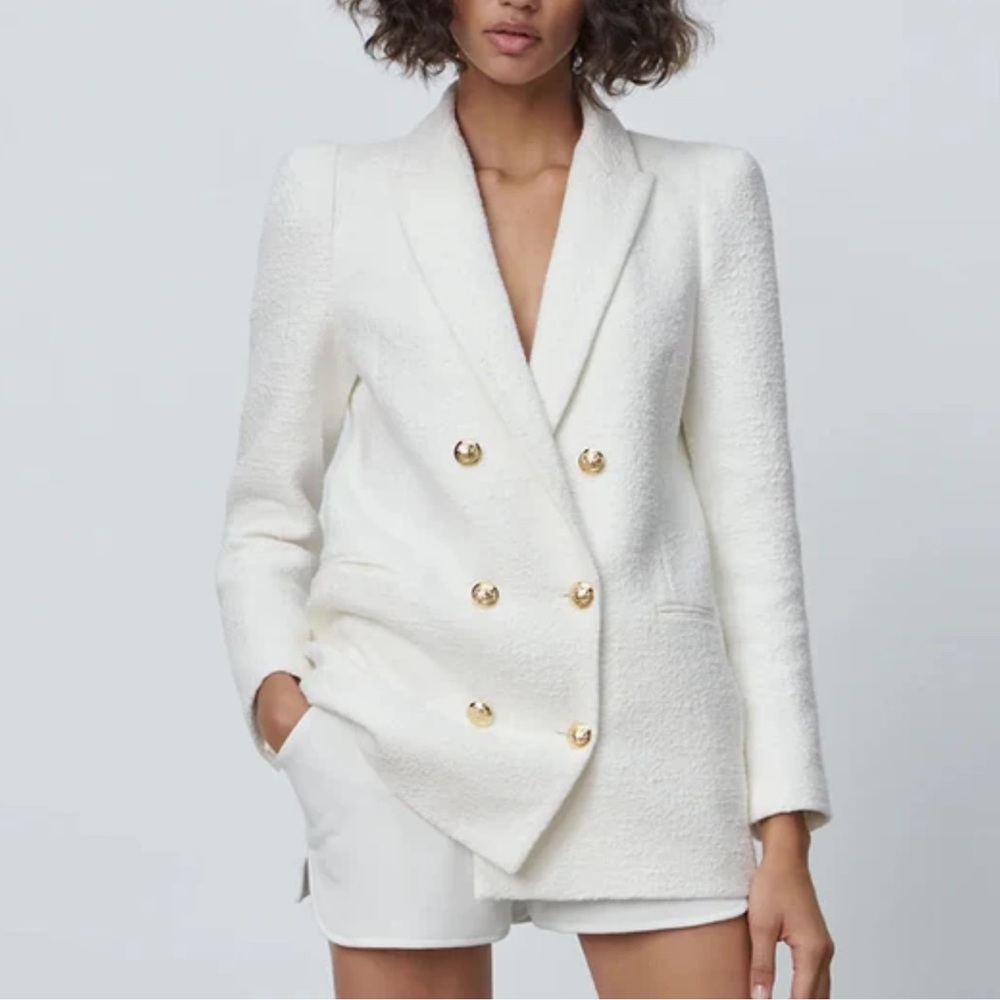 Zara White Textured Blazer with Gold Buttons
